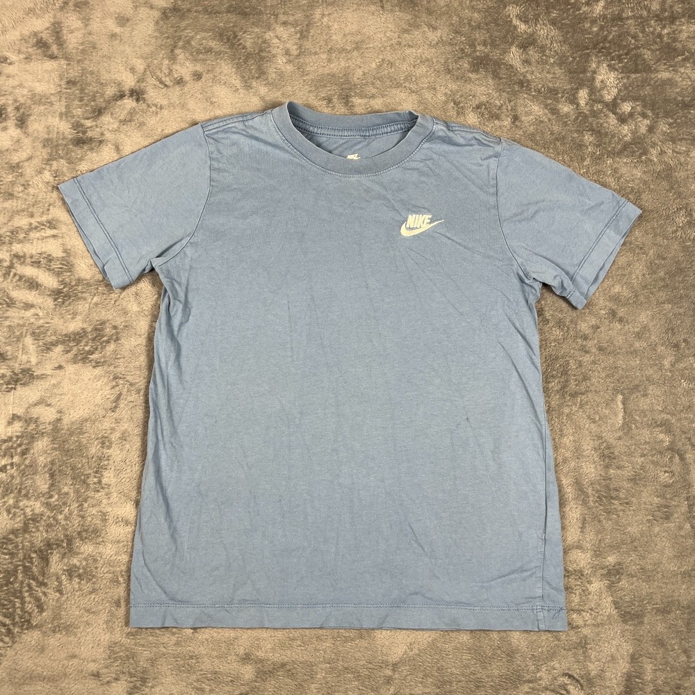 The Nike T Shirt Boys Large Blue Embroidered Swoosh Logo Crew Neck Short Sleeve